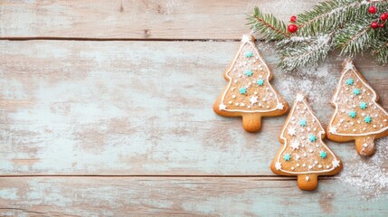 Wall Mural - Gingerbread trees adorned with colorful icing and sprinkles rest on a wooden table amidst a cozy holiday atmosphere