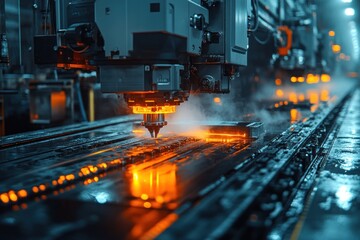 Poster - Close-up of a robotic arm welding a metal piece on a conveyor belt in a factory.