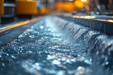 Canvas Print - Water flowing through a metal trough in a factory setting.