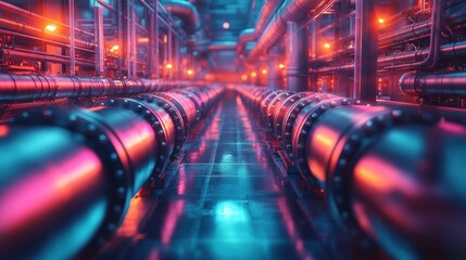 Poster - A long, narrow industrial corridor with rows of pipes running parallel to each other. The pipes are lit by neon lights, creating a futuristic and somewhat ominous atmosphere.