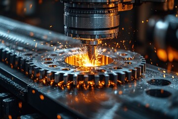 Canvas Print - Close-up of a CNC machine cutting a metal gear, creating sparks.