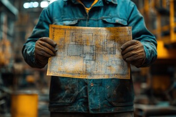 Canvas Print - A construction worker holds a blueprint in a factory setting.