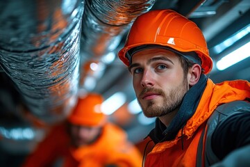 Poster - A construction worker in a hardhat looks intensely at the camera, another worker is visible in the background.