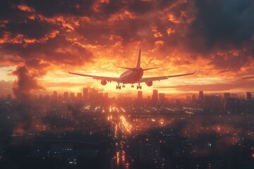 Wall Mural - An airplane flying over a city at sunset, with dramatic clouds in the background.