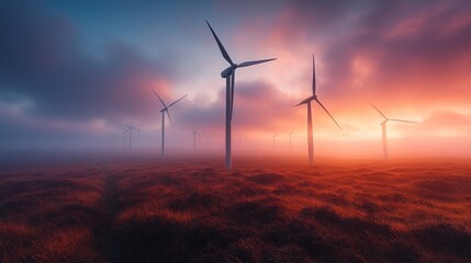 Canvas Print - Wind turbines stand tall in a field during a colorful sunset, with fog swirling around them.