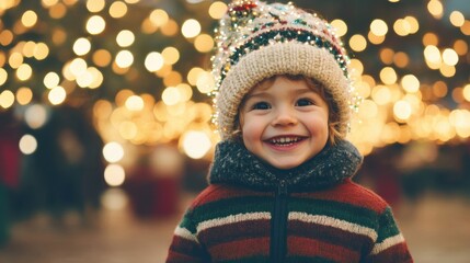 Sticker - A cheerful boy beams with excitement as he stands near a dazzling Christmas tree adorned with colorful lights during the holiday season