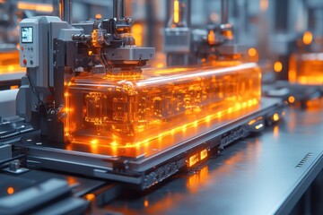 Poster - A futuristic factory assembly line with glowing orange liquid being processed in a transparent container.