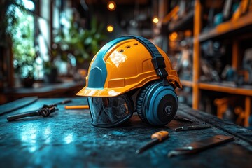 Sticker - A yellow hard hat with a blue visor and headphones sits on a workbench with tools.