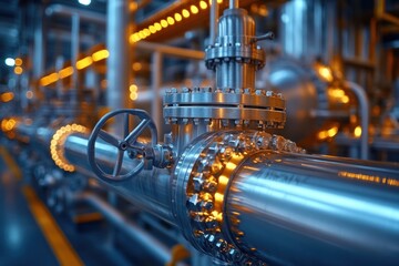 Sticker - A close-up shot of a large industrial valve and pipe system in an industrial factory.