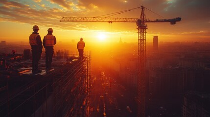 Canvas Print - Three construction workers stand on a rooftop overlooking a city skyline at sunset, watching a crane in the distance.