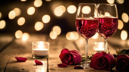 A romantic candlelight dinner setup, wine glasses, roses, and soft lighting, wide copy space for design.