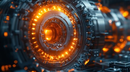 Poster - Close-up of a futuristic metallic engine with glowing orange lights.