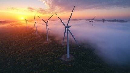 Sticker - Aerial view of wind turbines in a field with mist and sunset in the background.