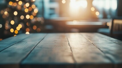 An inviting empty wooden table waits for visitors, bathed in warm light from the setting sun, creating a cozy cafe vibe