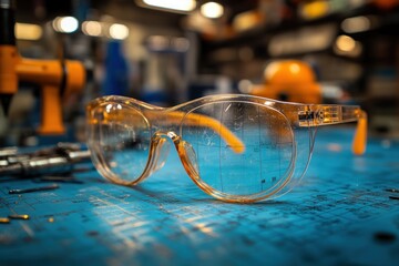 Canvas Print - Clear safety glasses on a workbench in a workshop with tools and an orange helmet in the background.