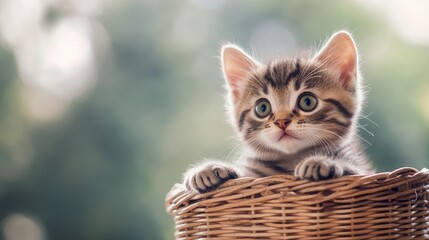 Adorable kitten looking out of a basket, soft background with wide copy space for text.