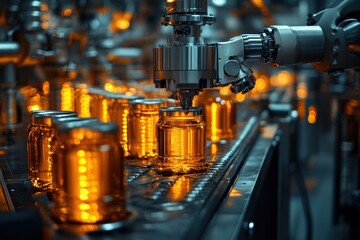 Wall Mural - A robotic arm fills glass jars with a liquid on a production line, illuminated by warm yellow light.