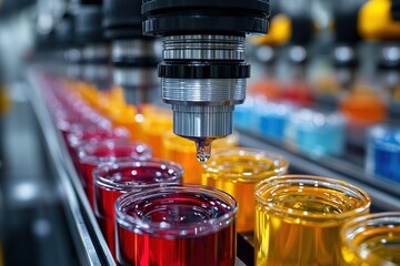 Canvas Print - Close-up of a robotic arm filling containers with colorful liquids in a factory setting.