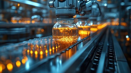 Wall Mural - A close-up view of a robotic arm placing jars of product on a conveyor belt in a factory.