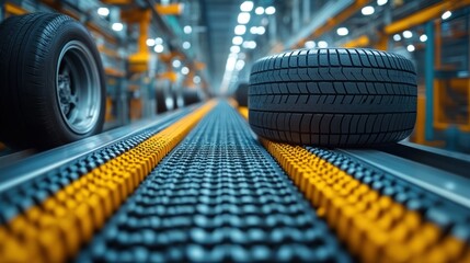 Poster - Close-up of tires on a conveyor belt in a factory.