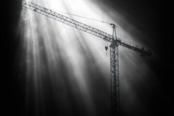 Canvas Print - A construction crane stands tall against a backdrop of sunlight shining through the clouds, casting long shadows on the ground.