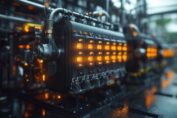 Canvas Print - Close-up of a futuristic machine with glowing orange lights and intricate wiring.