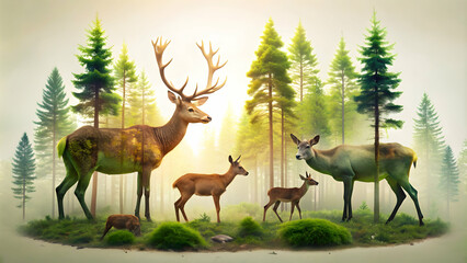  Modern double exposure style image of forest animals in a contemporary setting, wildlife, nature, double exposure, animals, forest