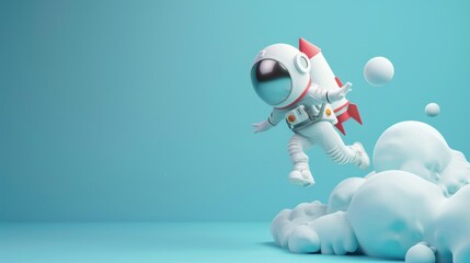 Astronaut flying with rocket illustration 3d rendering on blue background AI generated image