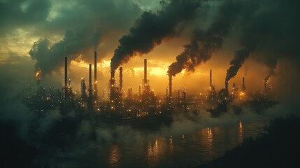 Poster - Industrial Sunset with Smoke Pollution