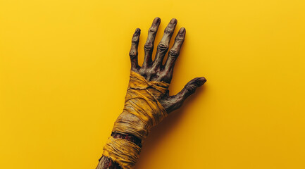 Wall Mural - A scary hand in bandages on a yellow background, created using Generative AI technology.