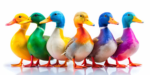 Colorful ducks painted on white background , ducks, domestic, wild, colorful, painted, white background, splashing