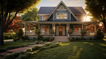 A photo of a traditional house with a wraparound porch