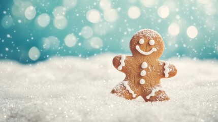 Wall Mural - A festive gingerbread man enjoys a snowy winter wonderland, surrounded by sparkling snowflakes and white snow, embodying holiday cheer