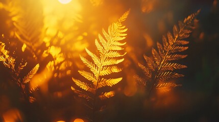 Sticker - Golden fern leaves with sun rays shining through.