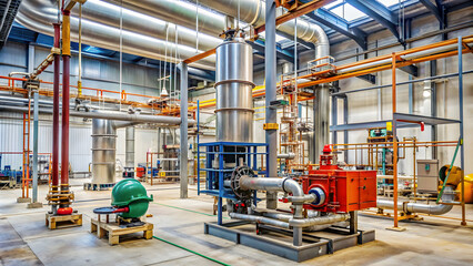 Installation of new pumping equipment in a refinery shop under construction, refinery, shop