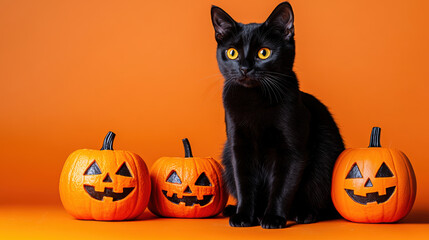 black cat sits gracefully beside three carved jack o lanterns against vibrant orange background, creating festive Halloween atmosphere