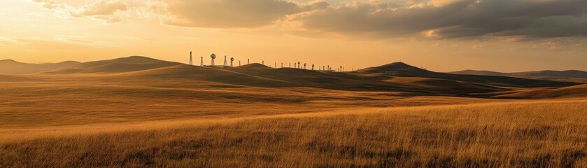 Wall Mural - Scenic Golden Hour Landscape with Wind Turbines on Rolling Hills Under a Dramatic Sky