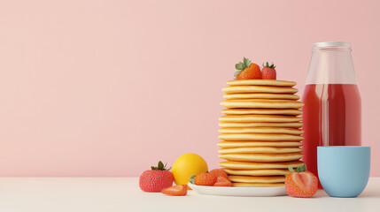 Delicious stack of pancakes topped with fresh berries, served with a glass of syrup and a colorful cup on a soft, pastel background.