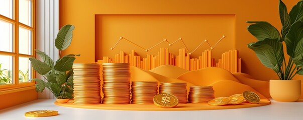Poster - Striking 3D Vector Rendering of Coins and Landscape