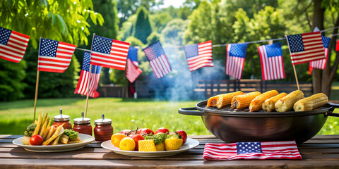 Wall Mural - Fourth of July barbecue with American flags in celebration of Independence Day, Independence Day, festive, holiday, patriotic