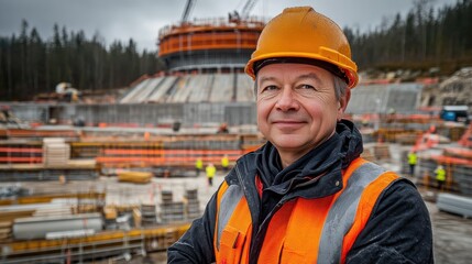 Confident site manager in his 40s smiling at camera, standing in front of a nuclear plant under construction, dressed in safety clothing. Industrial development, construction site, and nuclear energy 