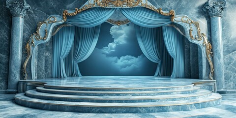 Wall Mural - modern theater curved tiered stage with opened luxury light blue curtain and elegant marble floor 