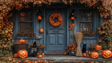 A cozy Halloween-themed porch decorated with pumpkins and black cats.