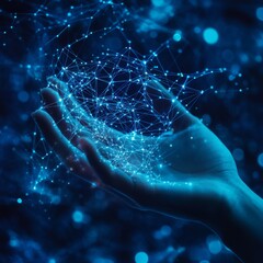 Poster - Hand and Big Data Connection Dots. Cloud Storage and AI Coding with Blue Network Connectivity