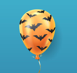 Poster - Orange balloon with black bats realistic vector illustration. Children Halloween holiday ornament 3d object image on black background