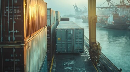 Shipping Containers at Port with Crane and Waterway