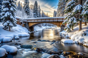 Poster - Wooden bridge over snow-covered river in winter forest