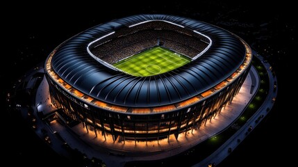 Stadium of Dreams: An aerial view of a modern, illuminated football stadium bathed in the soft glow of night, capturing the anticipation and promise of a thrilling match.  