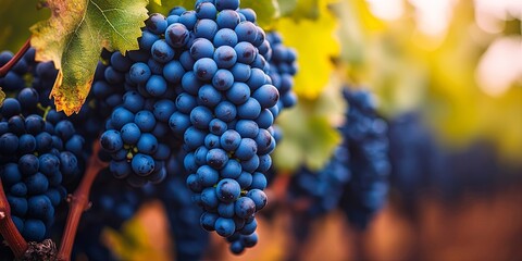 A Close-Up View of Ripe, Dark Blue Grapes Hanging From a Vine, Bathed in Warm Sunlight