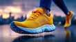 © KN Studio - Golden Hour Run:  A close-up shot of a runner's vibrant yellow running shoe reflecting the city lights at sunset.  The image emphasizes motion and urban athleticism.